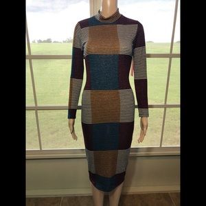 Multicolored, Long-Sleeve Midi Dress